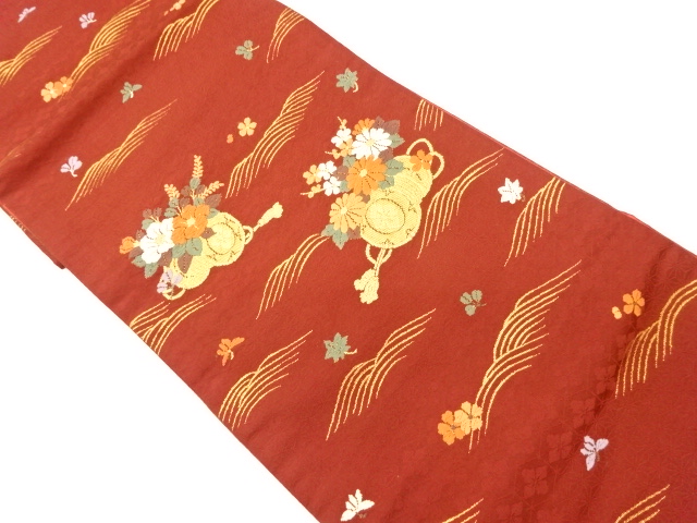 リサイクル　鼓に花々・波模様織出し袋帯